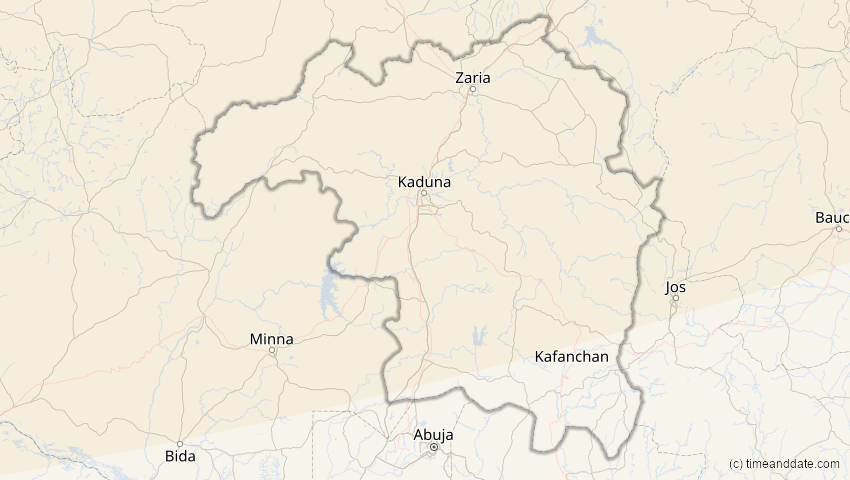 A map of Kaduna, Nigeria, showing the path of the 5. Feb 2065 Partielle Sonnenfinsternis