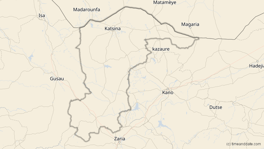 A map of Katsina , Nigeria, showing the path of the 5. Feb 2065 Partielle Sonnenfinsternis