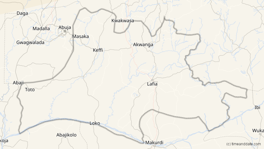 A map of Nassarawa, Nigeria, showing the path of the 5. Feb 2065 Partielle Sonnenfinsternis