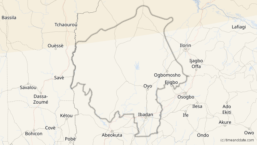 A map of Oyo, Nigeria, showing the path of the 5. Feb 2065 Partielle Sonnenfinsternis