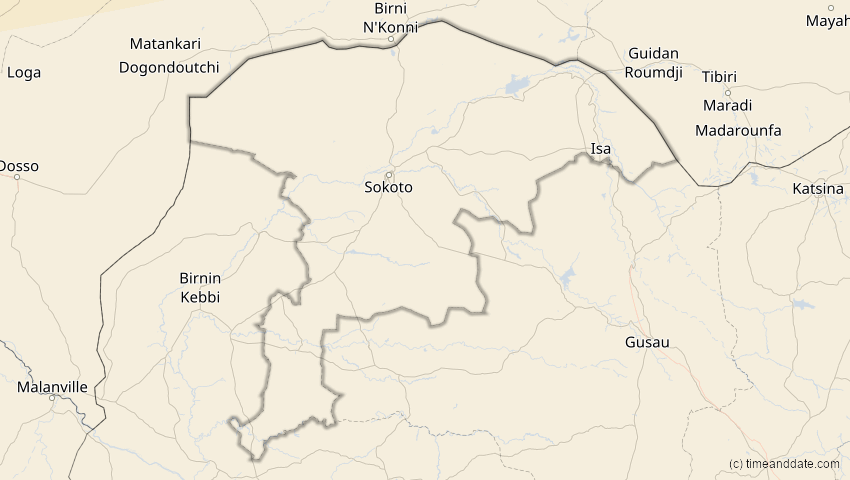 A map of Sokoto, Nigeria, showing the path of the 5. Feb 2065 Partielle Sonnenfinsternis