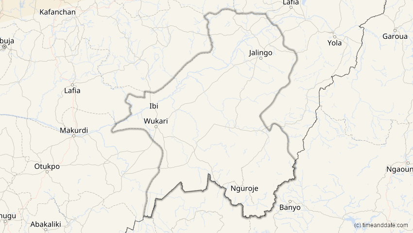 A map of Taraba, Nigeria, showing the path of the 5. Feb 2065 Partielle Sonnenfinsternis