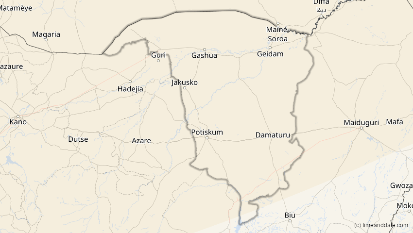 A map of Yobe, Nigeria, showing the path of the 5. Feb 2065 Partielle Sonnenfinsternis