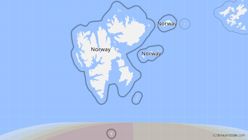 A map of Spitzbergen, Norwegen, showing the path of the 5. Feb 2065 Partielle Sonnenfinsternis