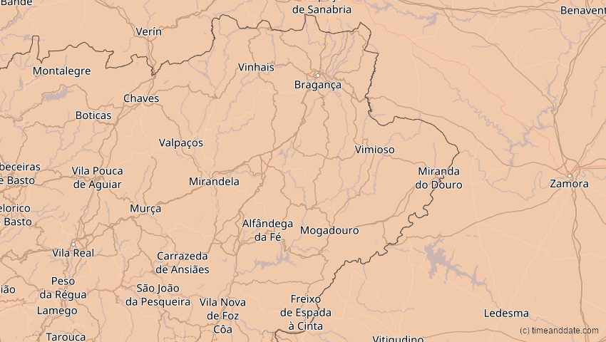 A map of Bragança, Portugal, showing the path of the 5. Feb 2065 Partielle Sonnenfinsternis