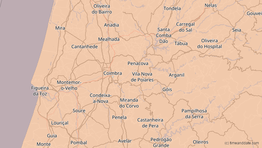 A map of Coimbra, Portugal, showing the path of the 5. Feb 2065 Partielle Sonnenfinsternis