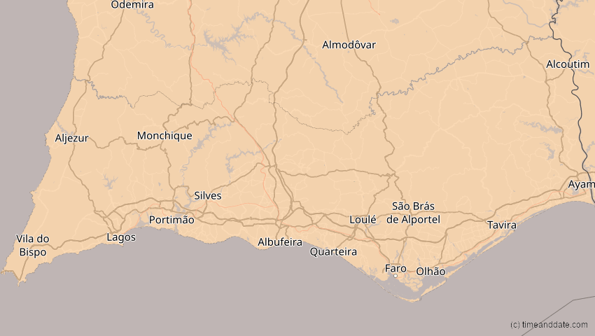 A map of Faro, Portugal, showing the path of the 5. Feb 2065 Partielle Sonnenfinsternis