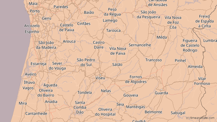 A map of Viseu, Portugal, showing the path of the 5. Feb 2065 Partielle Sonnenfinsternis