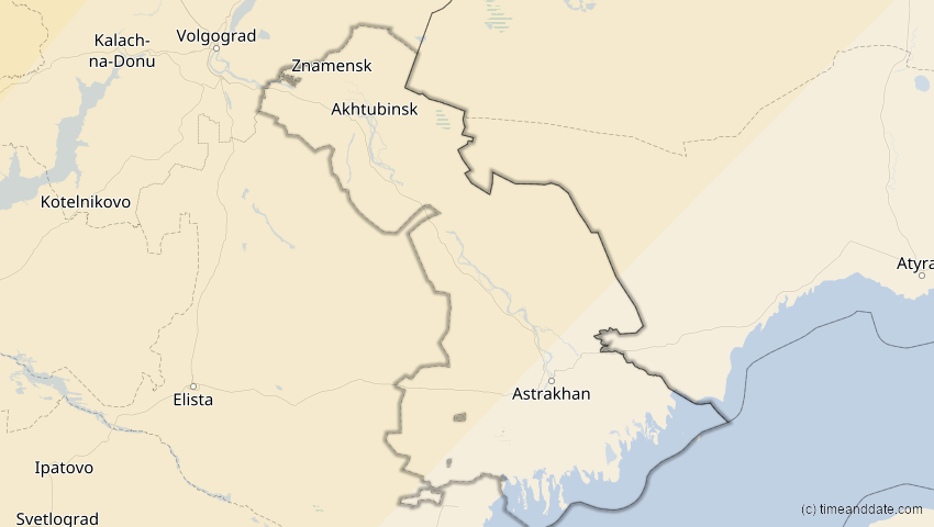 A map of Astrachan, Russland, showing the path of the 5. Feb 2065 Partielle Sonnenfinsternis