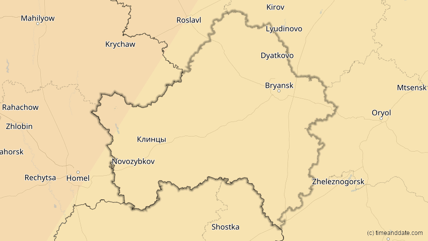 A map of Brjansk, Russland, showing the path of the 5. Feb 2065 Partielle Sonnenfinsternis