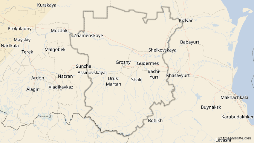 A map of Tschetschenien, Russland, showing the path of the 5. Feb 2065 Partielle Sonnenfinsternis