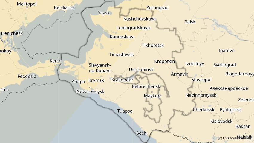 A map of Krasnodar, Russland, showing the path of the 5. Feb 2065 Partielle Sonnenfinsternis