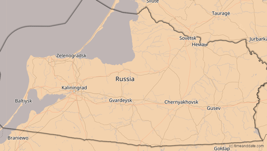 A map of Kaliningrad, Russland, showing the path of the 5. Feb 2065 Partielle Sonnenfinsternis