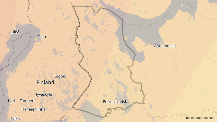 A map of Karelien, Russland, showing the path of the 5. Feb 2065 Partielle Sonnenfinsternis