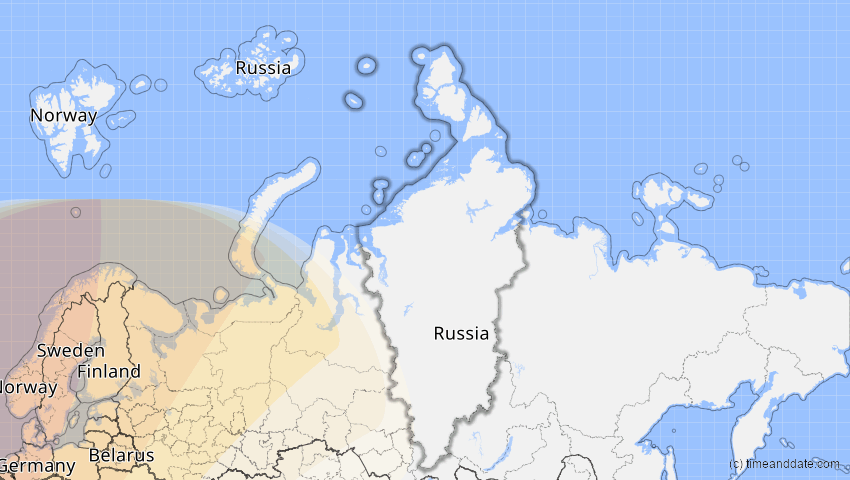 A map of Krasnojarsk, Russland, showing the path of the 5. Feb 2065 Partielle Sonnenfinsternis