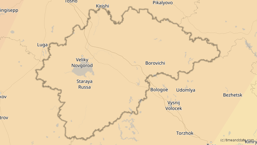 A map of Nowgorod, Russland, showing the path of the 5. Feb 2065 Partielle Sonnenfinsternis