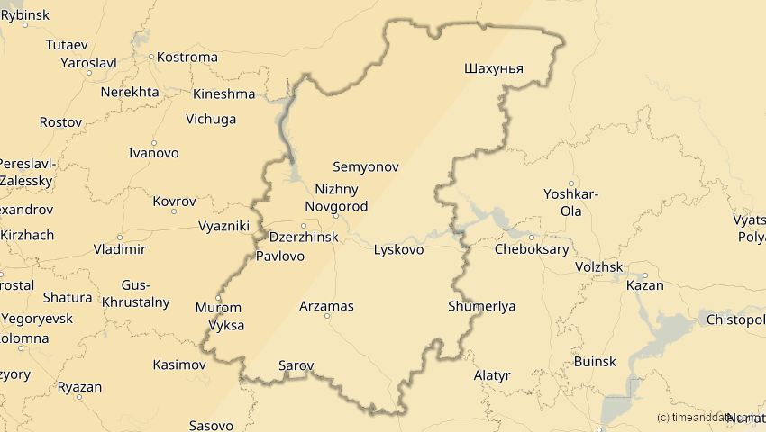 A map of Nischni Nowgorod, Russland, showing the path of the 5. Feb 2065 Partielle Sonnenfinsternis
