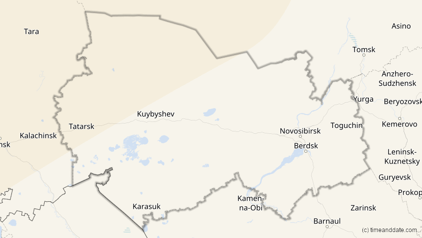 A map of Nowosibirsk, Russland, showing the path of the 5. Feb 2065 Partielle Sonnenfinsternis