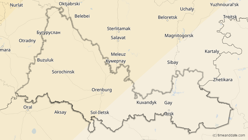 A map of Orenburg, Russland, showing the path of the 5. Feb 2065 Partielle Sonnenfinsternis