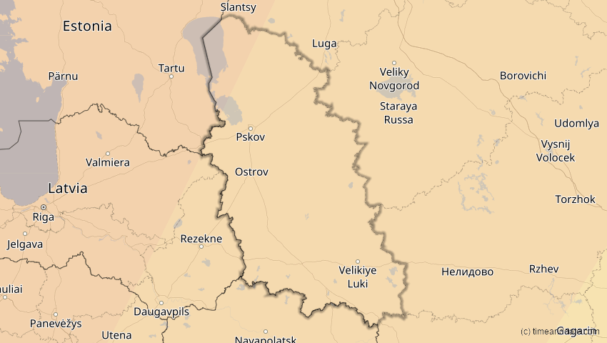 A map of Pskow, Russland, showing the path of the 5. Feb 2065 Partielle Sonnenfinsternis