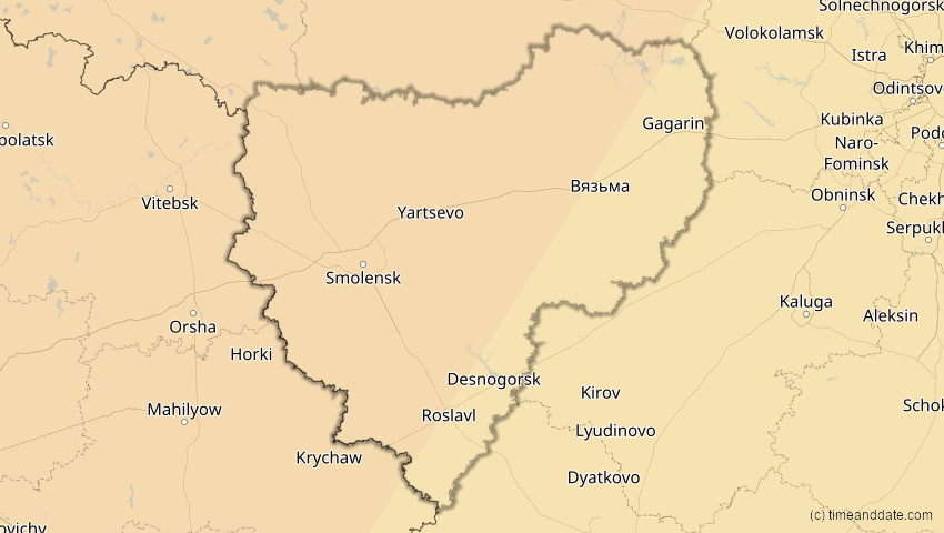 A map of Smolensk, Russland, showing the path of the 5. Feb 2065 Partielle Sonnenfinsternis
