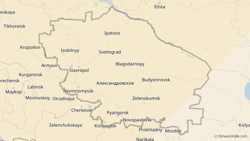 A map of Stawropol, Russland, showing the path of the 5. Feb 2065 Partielle Sonnenfinsternis