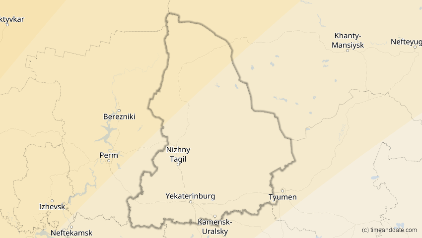 A map of Swerdlowsk, Russland, showing the path of the 5. Feb 2065 Partielle Sonnenfinsternis