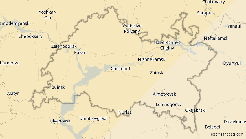 A map of Tatarstan, Russland, showing the path of the 5. Feb 2065 Partielle Sonnenfinsternis