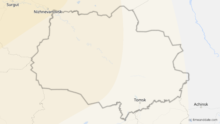 A map of Tomsk, Russland, showing the path of the 5. Feb 2065 Partielle Sonnenfinsternis
