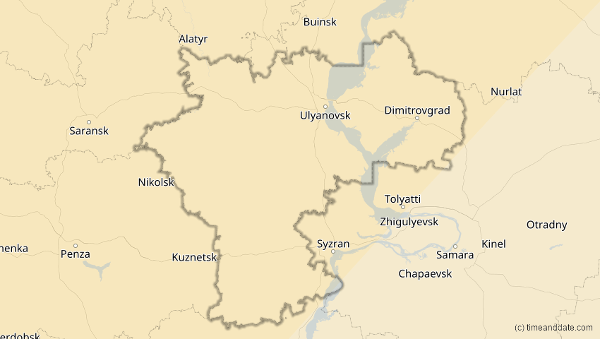 A map of Uljanowsk, Russland, showing the path of the 5. Feb 2065 Partielle Sonnenfinsternis