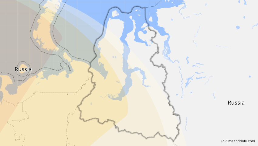 A map of Jamal-Nenzen, Russland, showing the path of the 5. Feb 2065 Partielle Sonnenfinsternis