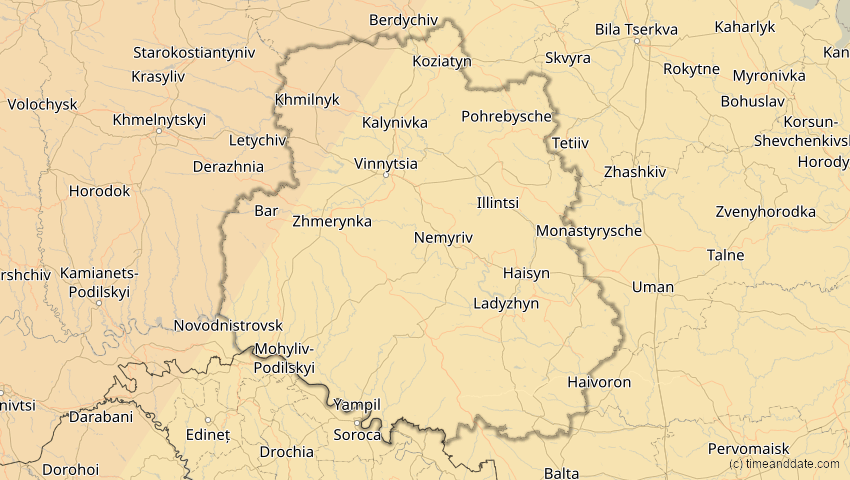 A map of Winnyzja, Ukraine, showing the path of the 5. Feb 2065 Partielle Sonnenfinsternis