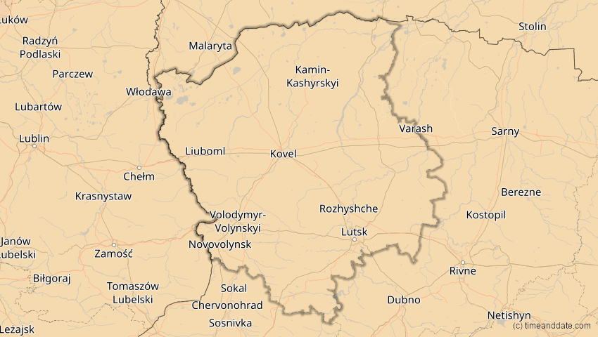A map of Wolhynien, Ukraine, showing the path of the 5. Feb 2065 Partielle Sonnenfinsternis