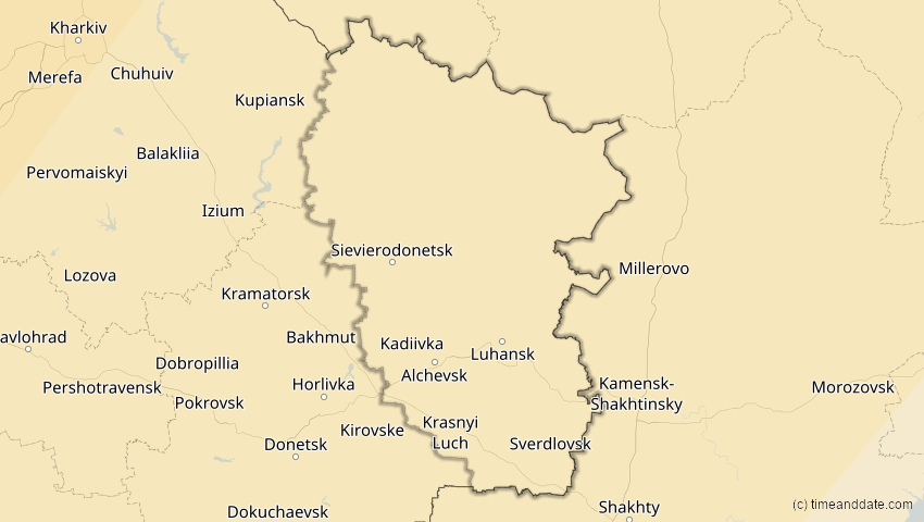 A map of Luhansk, Ukraine, showing the path of the 5. Feb 2065 Partielle Sonnenfinsternis