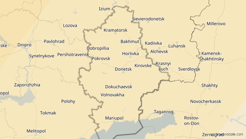 A map of Donezk, Ukraine, showing the path of the 5. Feb 2065 Partielle Sonnenfinsternis