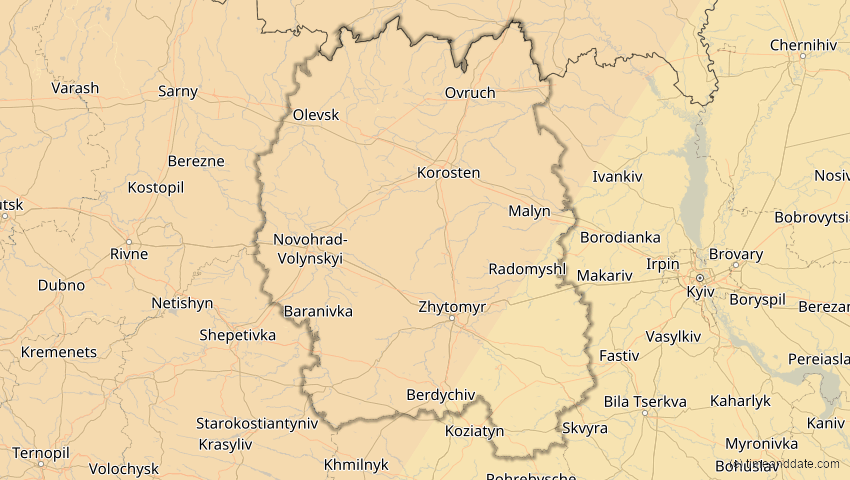 A map of Schytomyr, Ukraine, showing the path of the 5. Feb 2065 Partielle Sonnenfinsternis