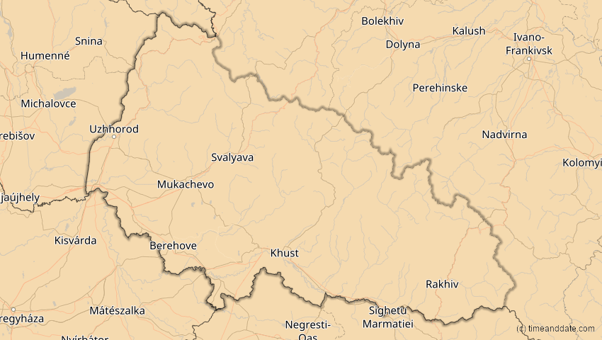 A map of Transkarpatien, Ukraine, showing the path of the 5. Feb 2065 Partielle Sonnenfinsternis
