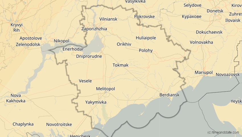 A map of Saporischschja, Ukraine, showing the path of the 5. Feb 2065 Partielle Sonnenfinsternis