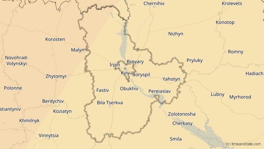 A map of Kiew, Ukraine, showing the path of the 5. Feb 2065 Partielle Sonnenfinsternis