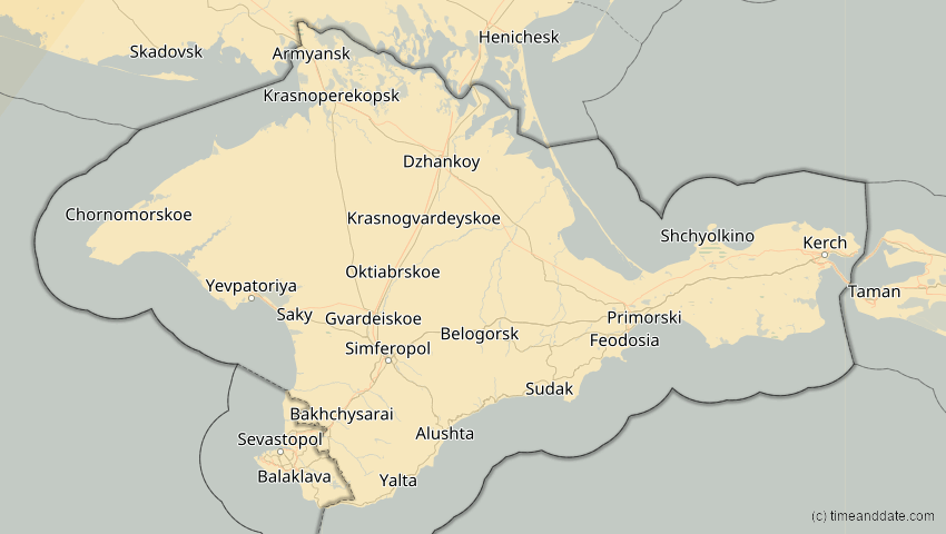 A map of Auton. Republik Krim, Ukraine, showing the path of the 5. Feb 2065 Partielle Sonnenfinsternis