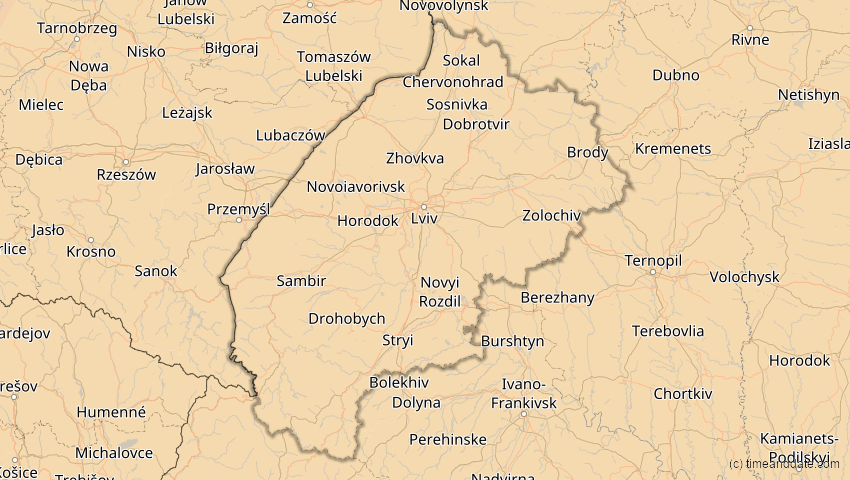 A map of Lwiw, Ukraine, showing the path of the 5. Feb 2065 Partielle Sonnenfinsternis
