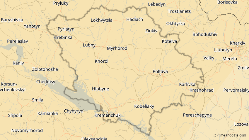 A map of Poltawa, Ukraine, showing the path of the 5. Feb 2065 Partielle Sonnenfinsternis