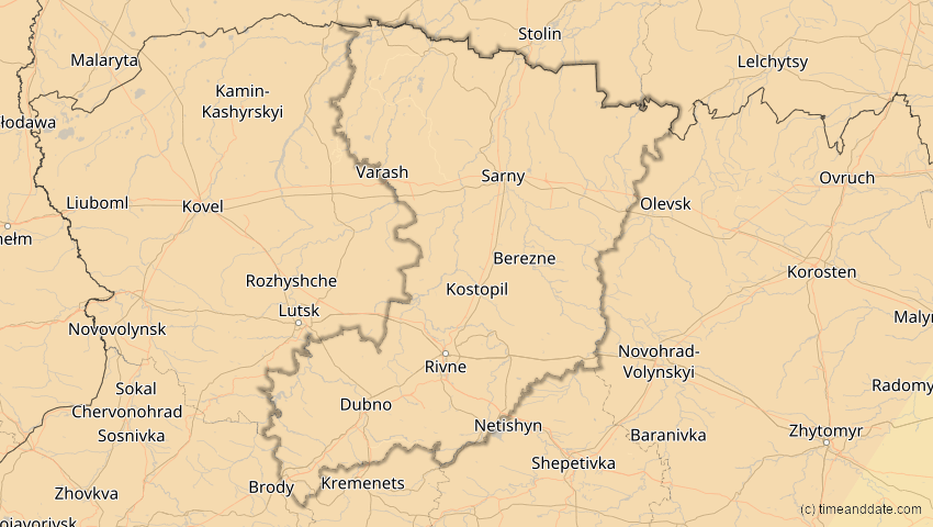 A map of Riwne, Ukraine, showing the path of the 5. Feb 2065 Partielle Sonnenfinsternis