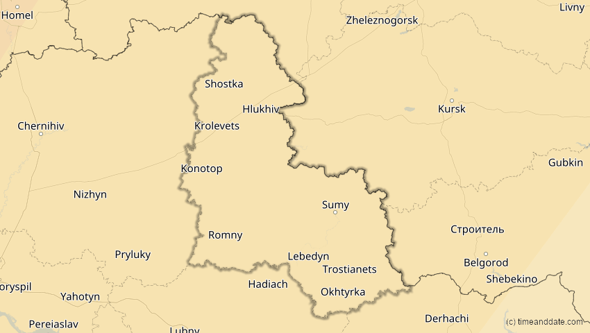 A map of Sumy, Ukraine, showing the path of the 5. Feb 2065 Partielle Sonnenfinsternis