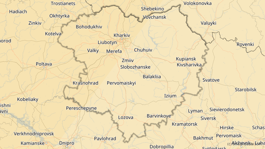 A map of Charkiw, Ukraine, showing the path of the 5. Feb 2065 Partielle Sonnenfinsternis