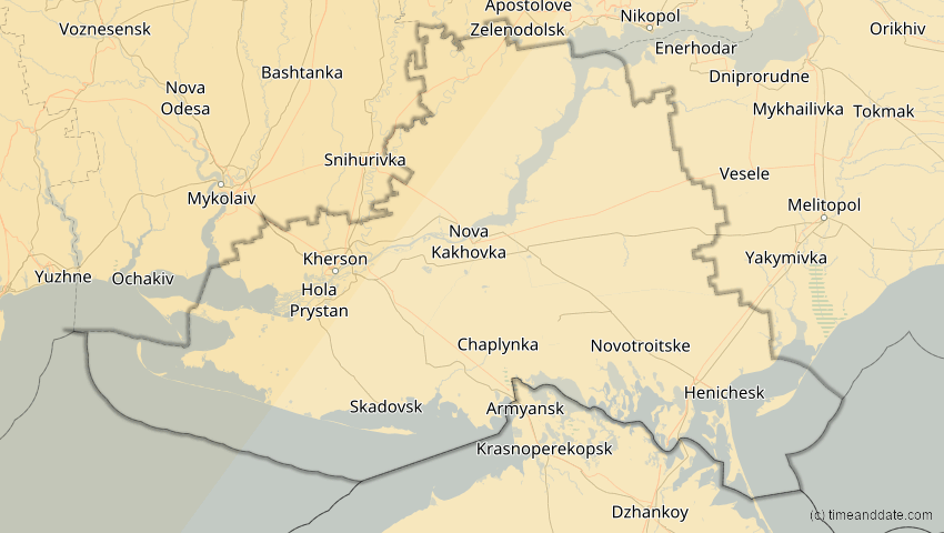 A map of Cherson, Ukraine, showing the path of the 5. Feb 2065 Partielle Sonnenfinsternis