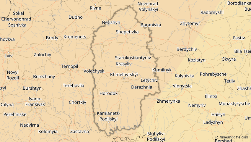 A map of Chmelnyzkyj, Ukraine, showing the path of the 5. Feb 2065 Partielle Sonnenfinsternis