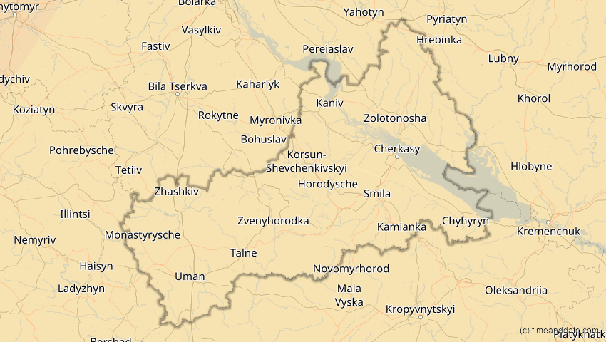 A map of Tscherkassy, Ukraine, showing the path of the 5. Feb 2065 Partielle Sonnenfinsternis