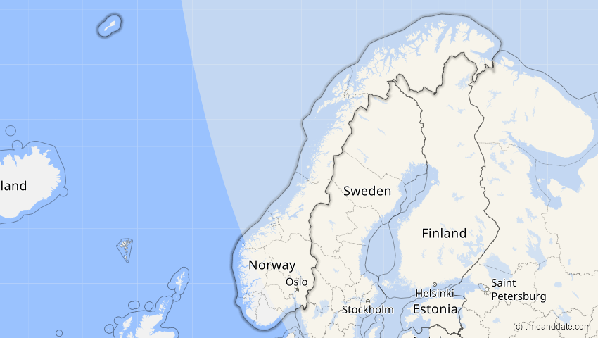 A map of Norwegen, showing the path of the 3. Jul 2065 Partielle Sonnenfinsternis