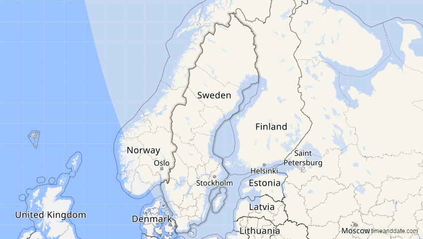 A map of Schweden, showing the path of the 3. Jul 2065 Partielle Sonnenfinsternis